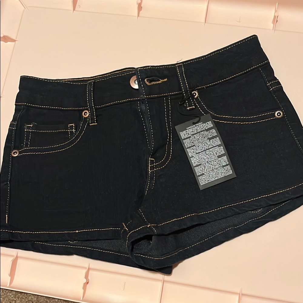 Black Denim Shorts with Gold Threading